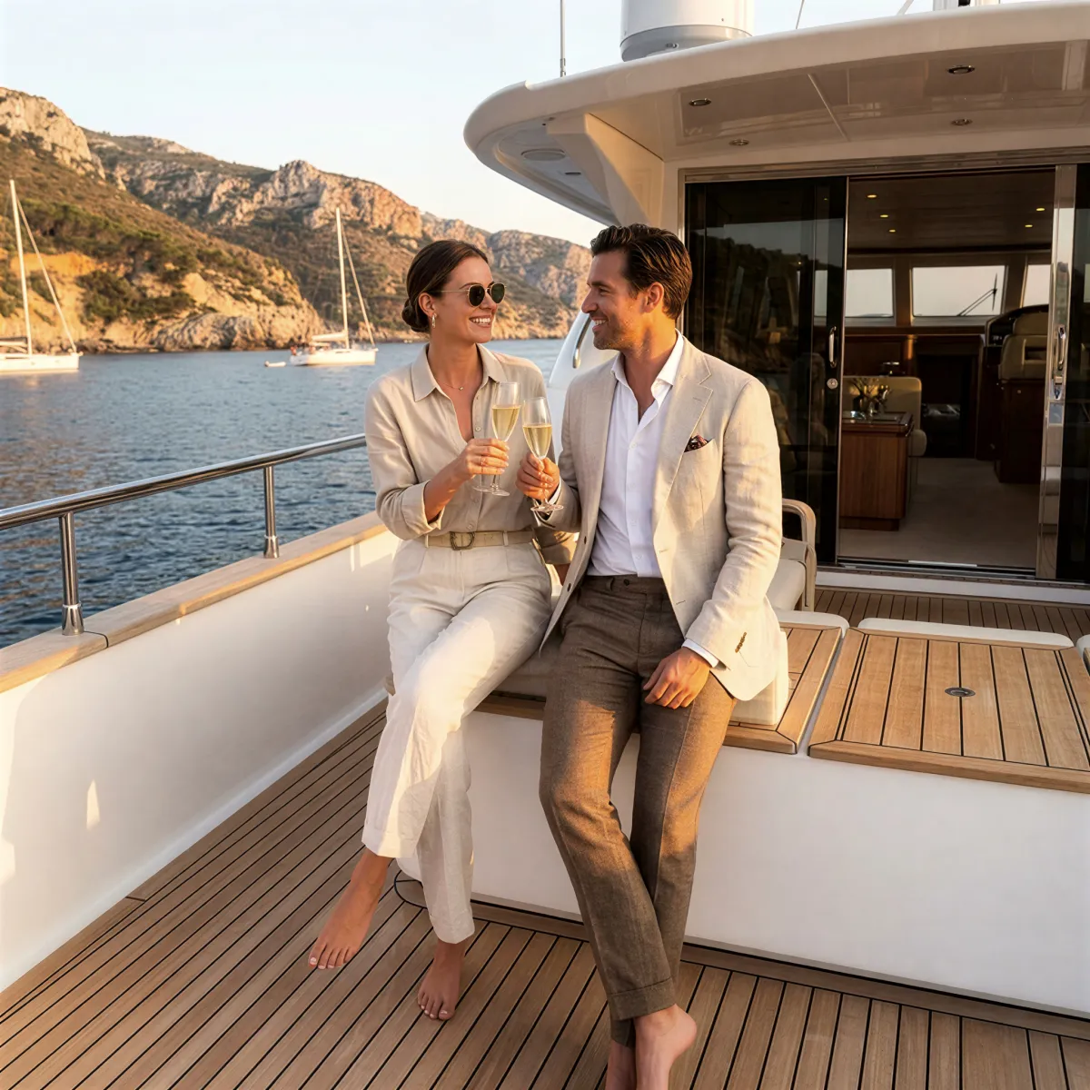 Couple enjoying sunset on accessible yacht deck