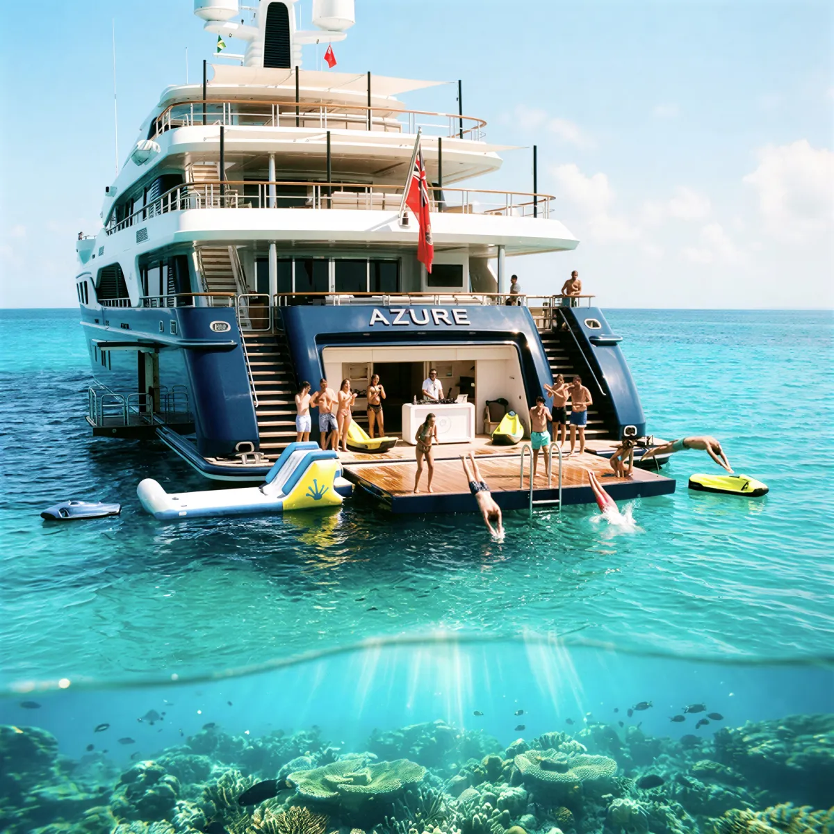 Guests swimming from accessible hydraulic yacht platform