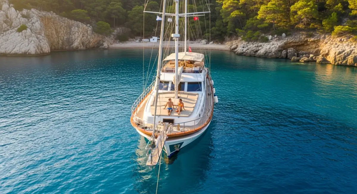 Aerial view of Turkish gulet's spacious deck design in secluded Mediterranean bay