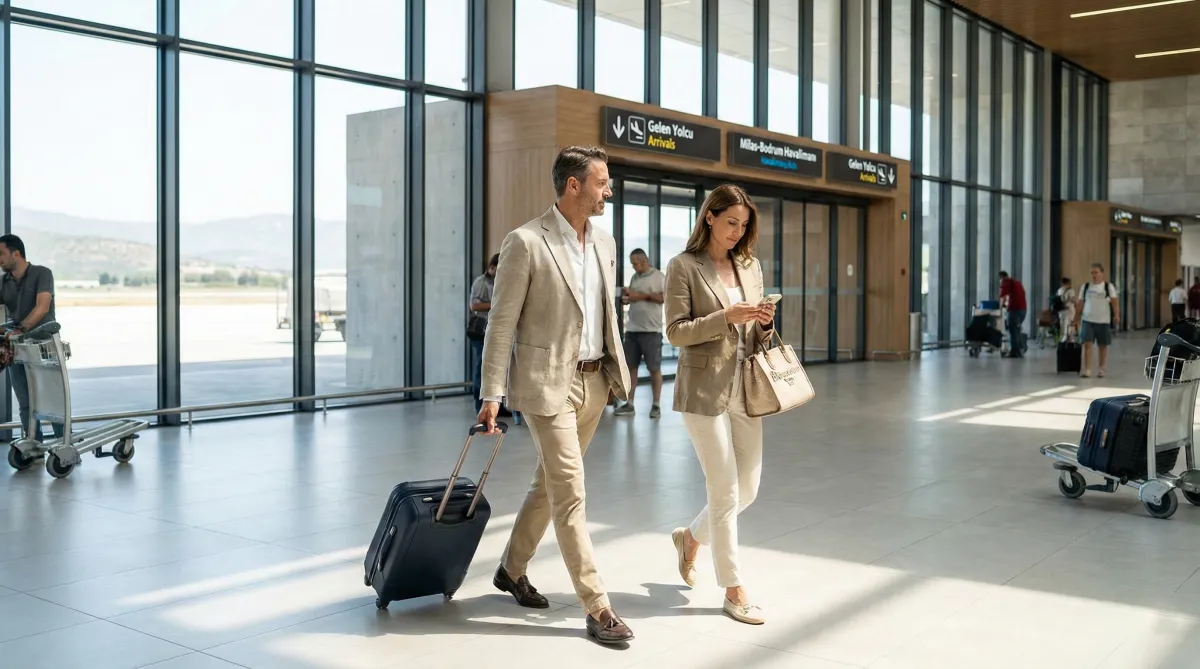 Couple arriving at Milas-Bodrum Airport terminal ready for their gulet charter transfer