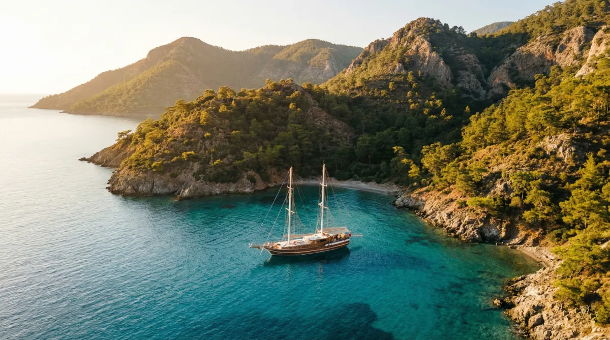 Gulet anchored in secluded Datça Peninsula bay with pine mountains and fishing village