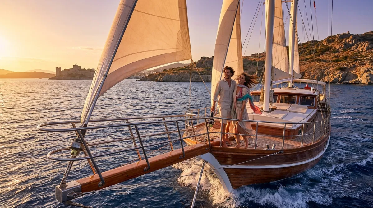 Couple feeling Bodrum's open-water energy on a gulet charter route in Turkey
