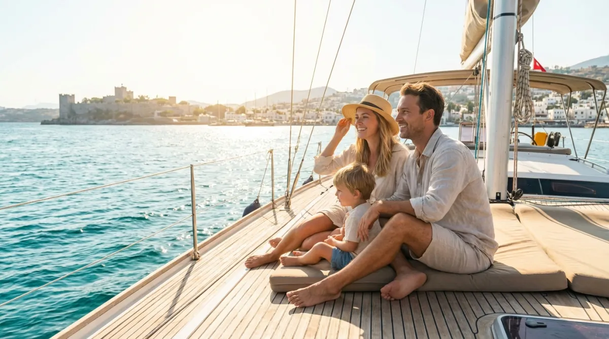Family on gulet deck during the Bodrum to Kos yacht crossing from Turkey to Greece