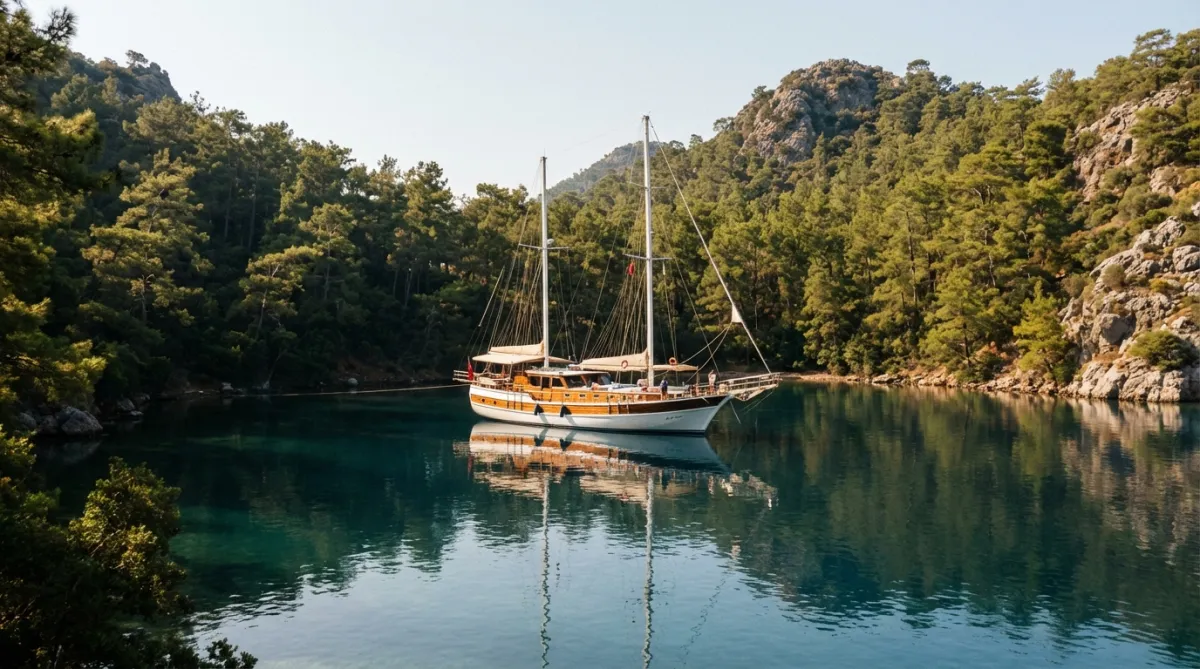 Quiet Bozburun Peninsula bay ideal for a romantic gulet charter in Turkey