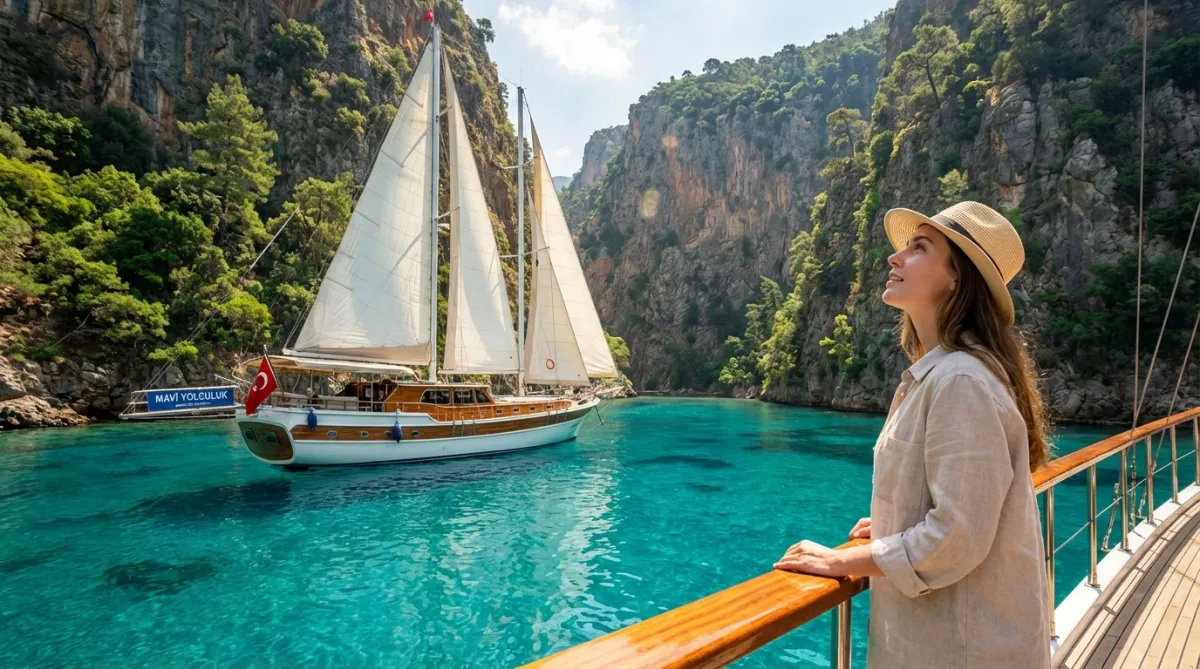 Gulet approaching Butterfly Valley near Fethiye on the Turkish coast