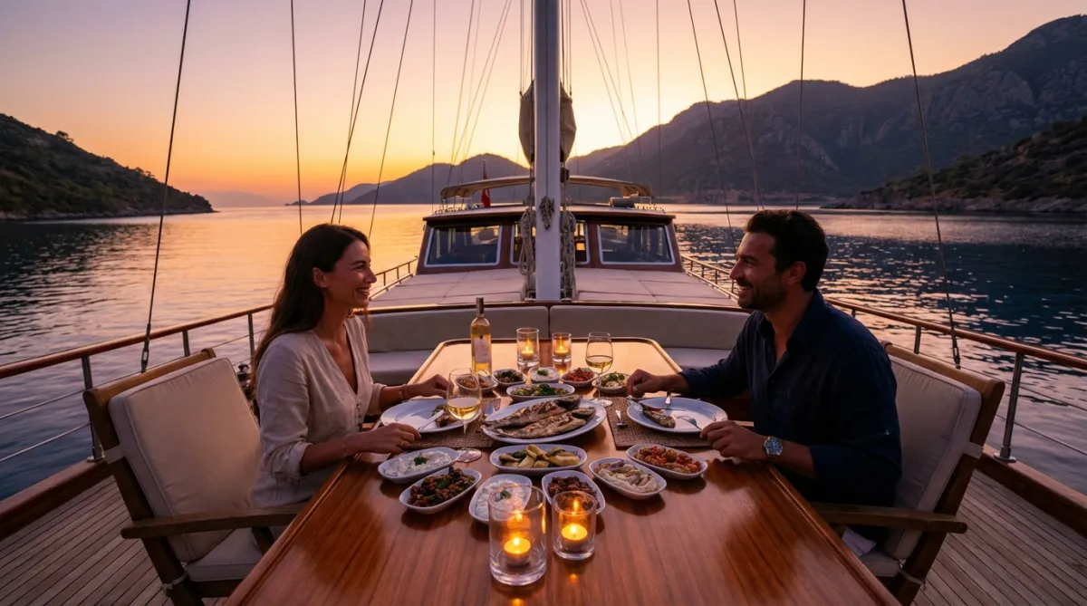Couple enjoying a candlelit dinner on a gulet deck at sunset in Turkey