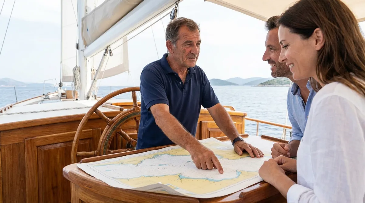 Captain explaining route and 4-hour cruising limit for what is included in gulet charter planning.