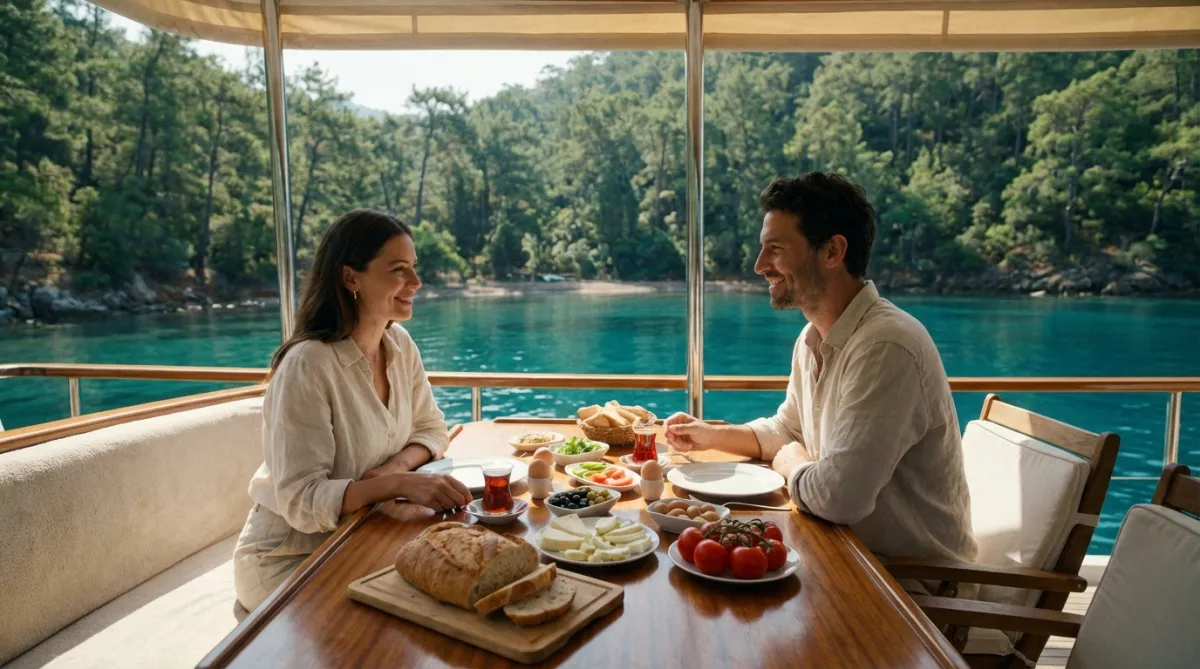Couple having breakfast on a gulet deck in a quiet Turkish bay