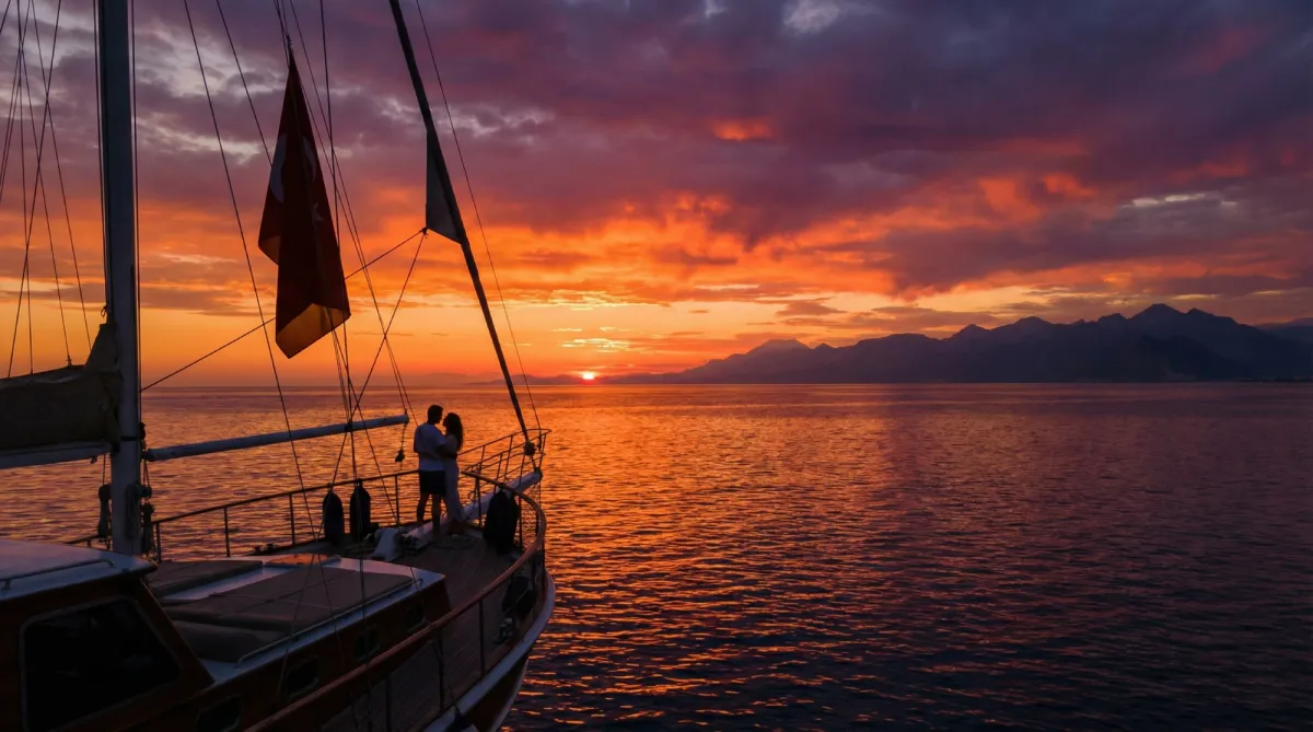 Couple silhouette embracing on gulet bow watching vibrant sunset over Aegean Sea