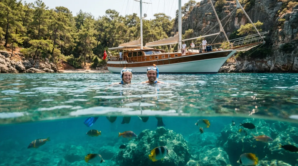 Couple snorkeling beside a gulet in a secluded Turkish cove