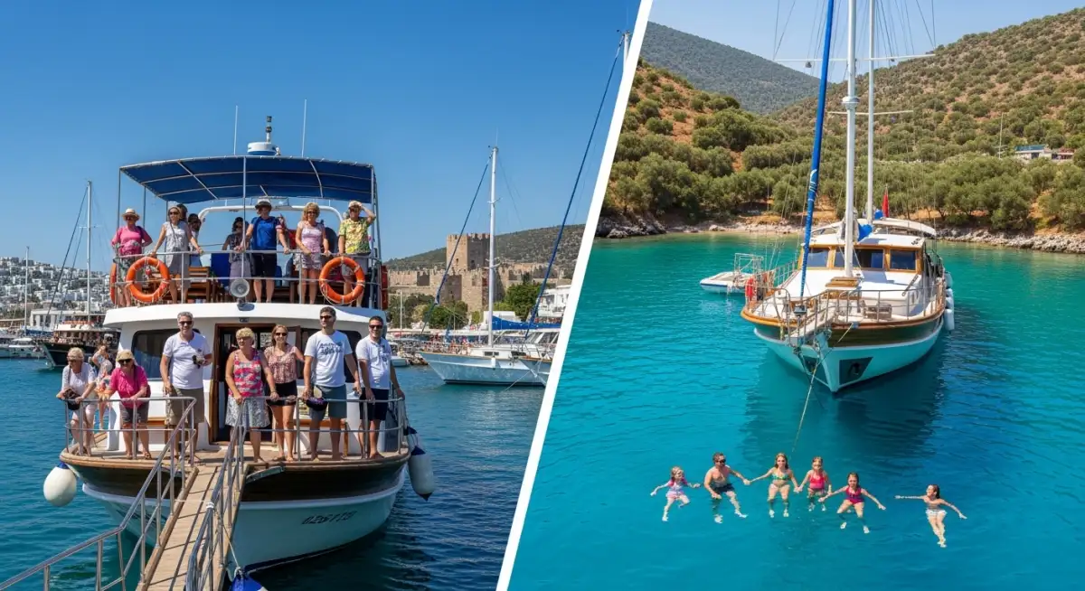 Four types of Bodrum boat trips compared: daily group tours, private charters, mini cruises, and aerial coastline view showing multiple routes