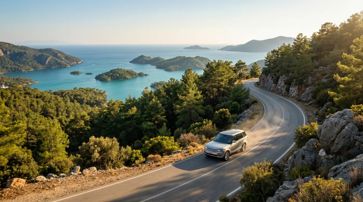 Scenic mountain road from Dalaman Airport overlooking Göcek Bay yacht anchorage