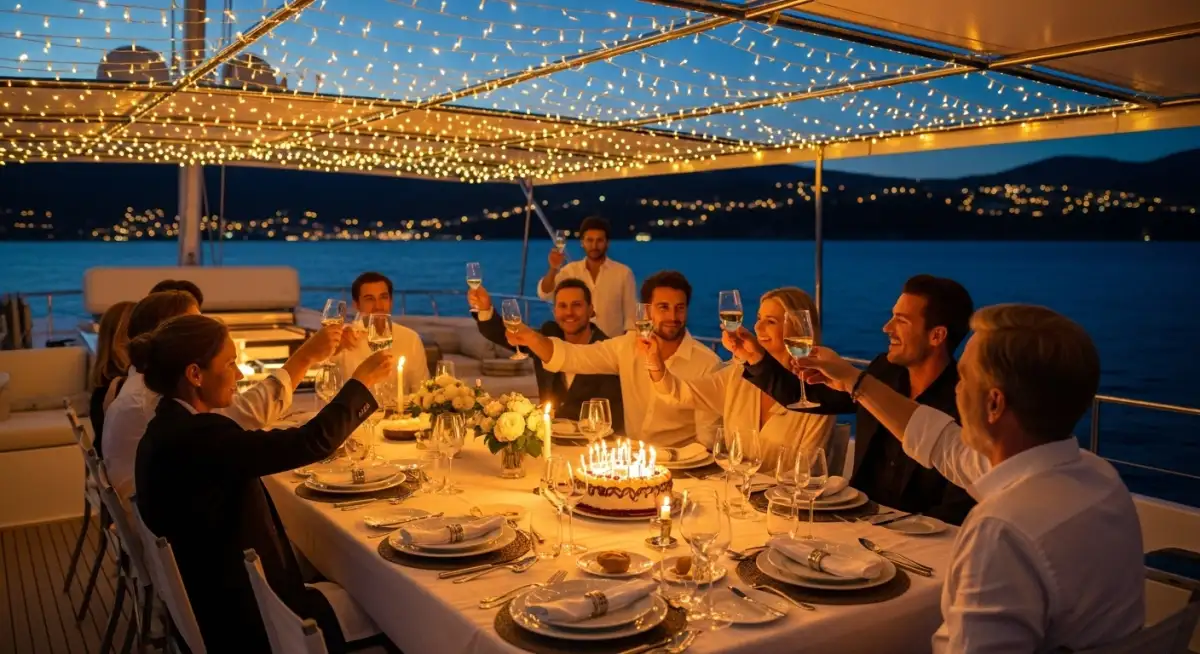 Birthday party guests enjoying elegant evening dinner on yacht deck with atmospheric lighting