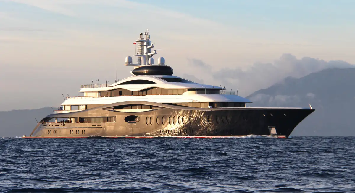 Launchpad yacht features state-of-the-art technology throughout its 387-foot hull design with distinctive steel gray exterior
