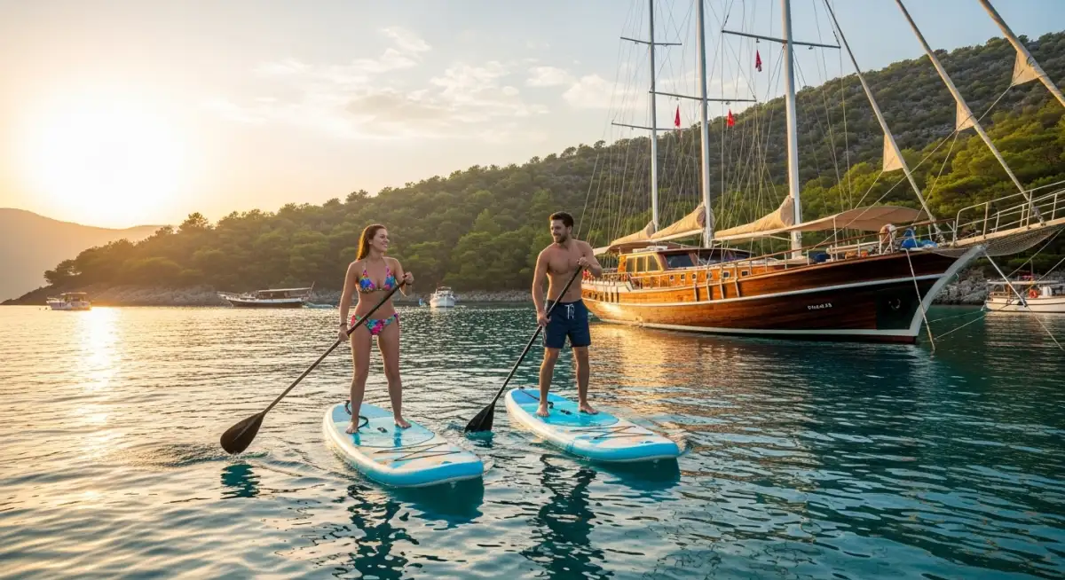 couple paddleboard yacht, water sports yacht charter, bikini water activities, gulet water toys, Turkish coast water sports, yacht charter activities, Mediterranean paddleboard