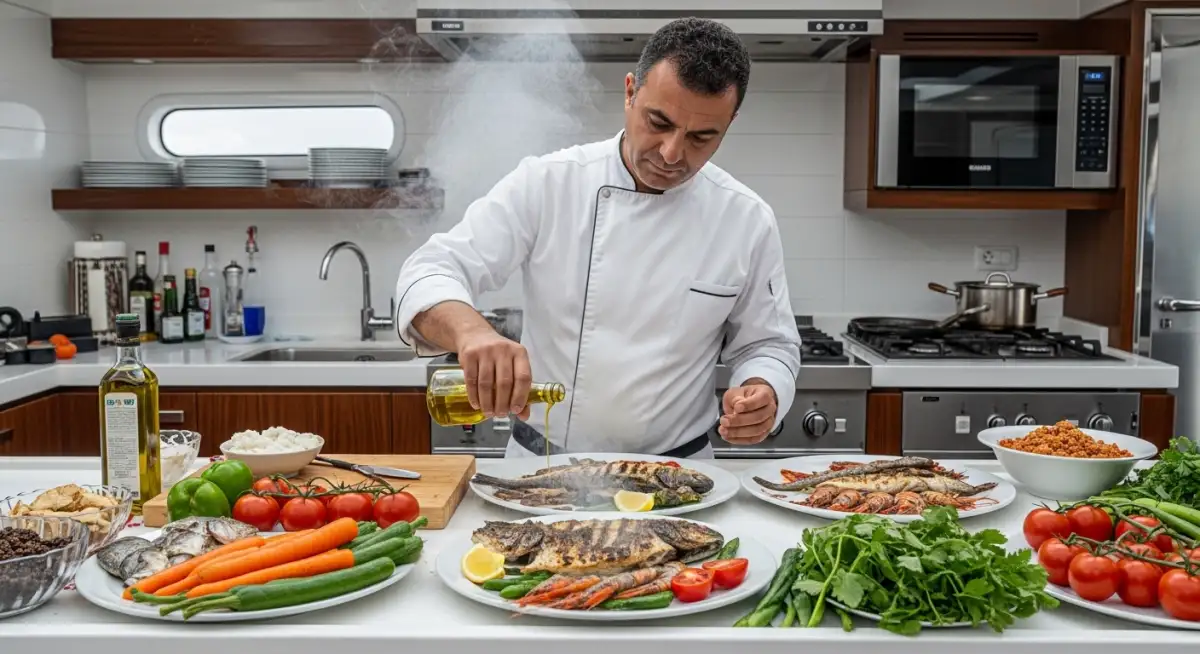 Turkish chef onboard gulet charter - Fresh cuisine prepared on crewed yacht charter Turkey