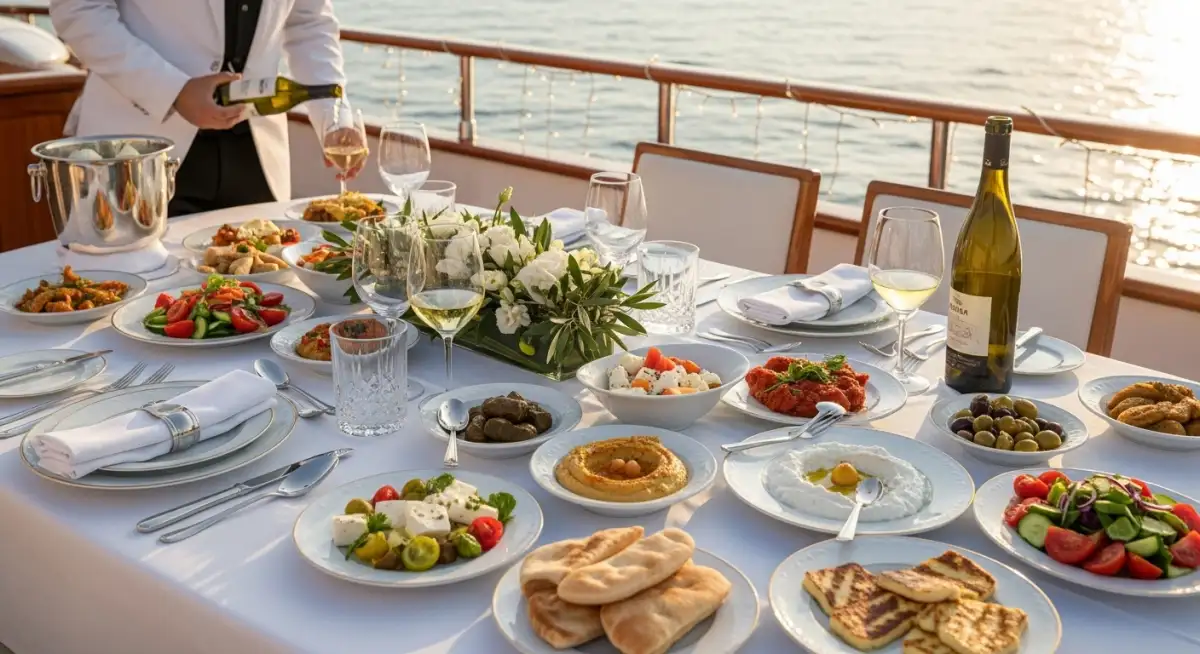 Elegant yacht party food setup with fresh Mediterranean meze and seafood on Turkish gulet