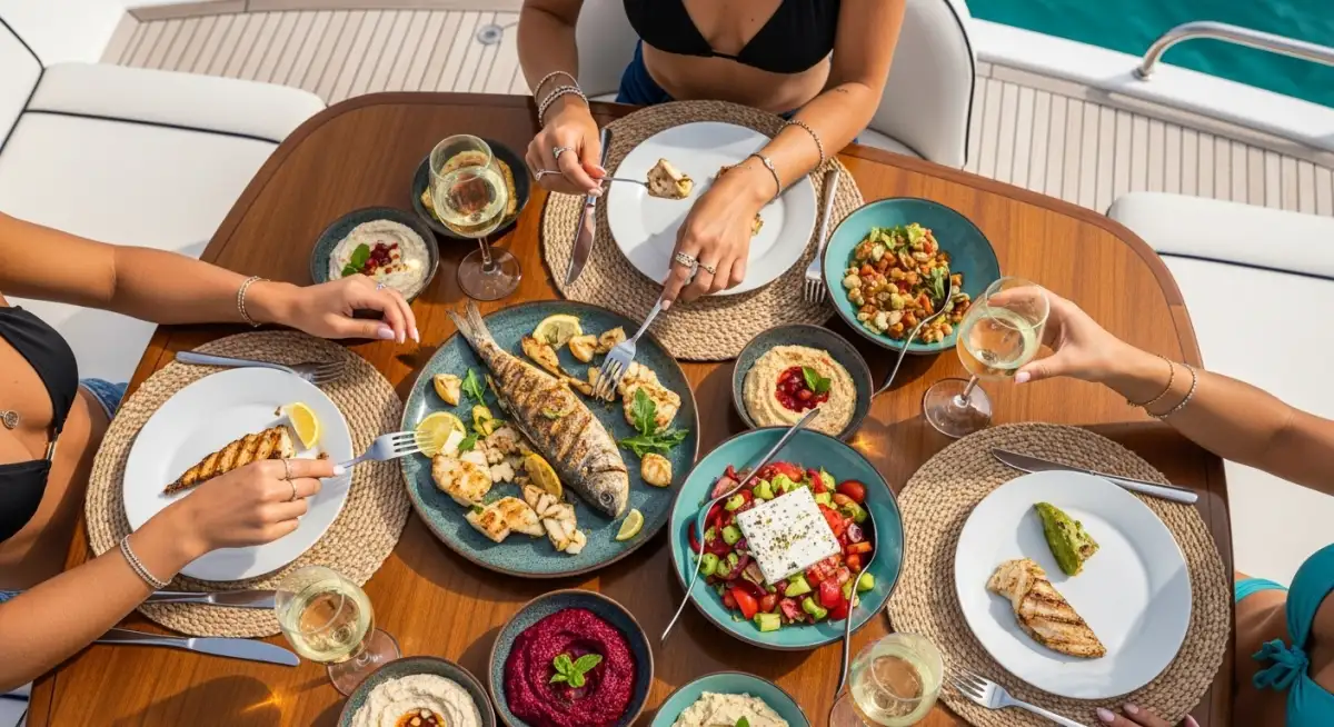 Luxury Mediterranean lunch spread on gulet yacht deck with women dining in bikinis Turkish Riviera charter