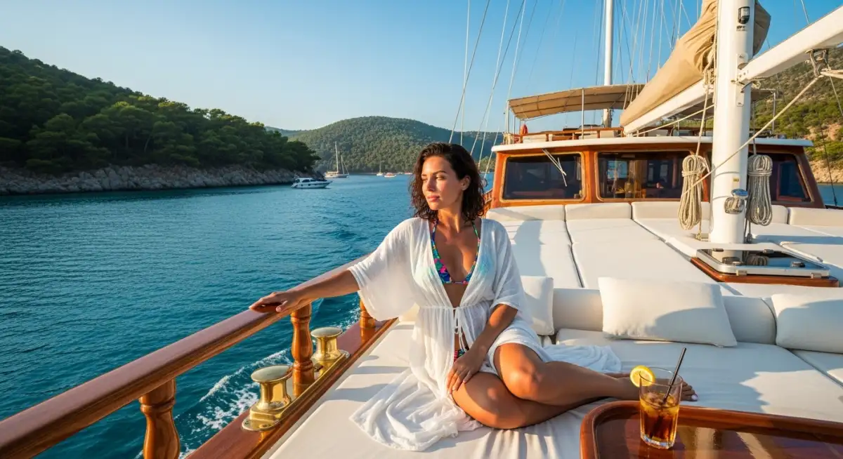 Woman experiencing luxury gulet charter in Turkish Riviera - booking early secures premium vessel selection