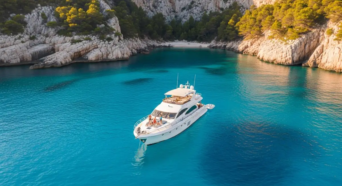 Luxury corporate yacht charter in exclusive Mediterranean bay showing complete premium experience value