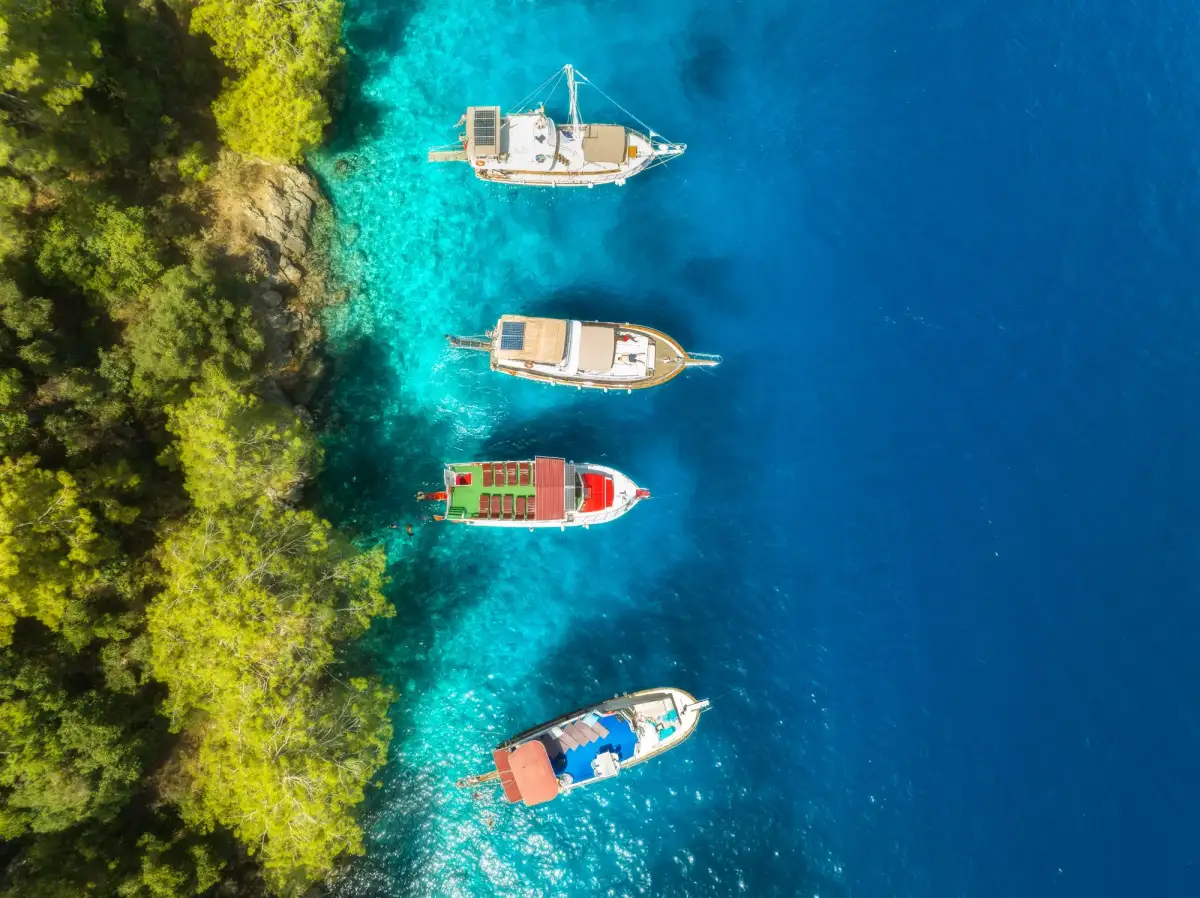Aerial view of Turkey's stunning Turquoise Coast showing the crystal-clear waters and secluded coves perfect for sailing adventures