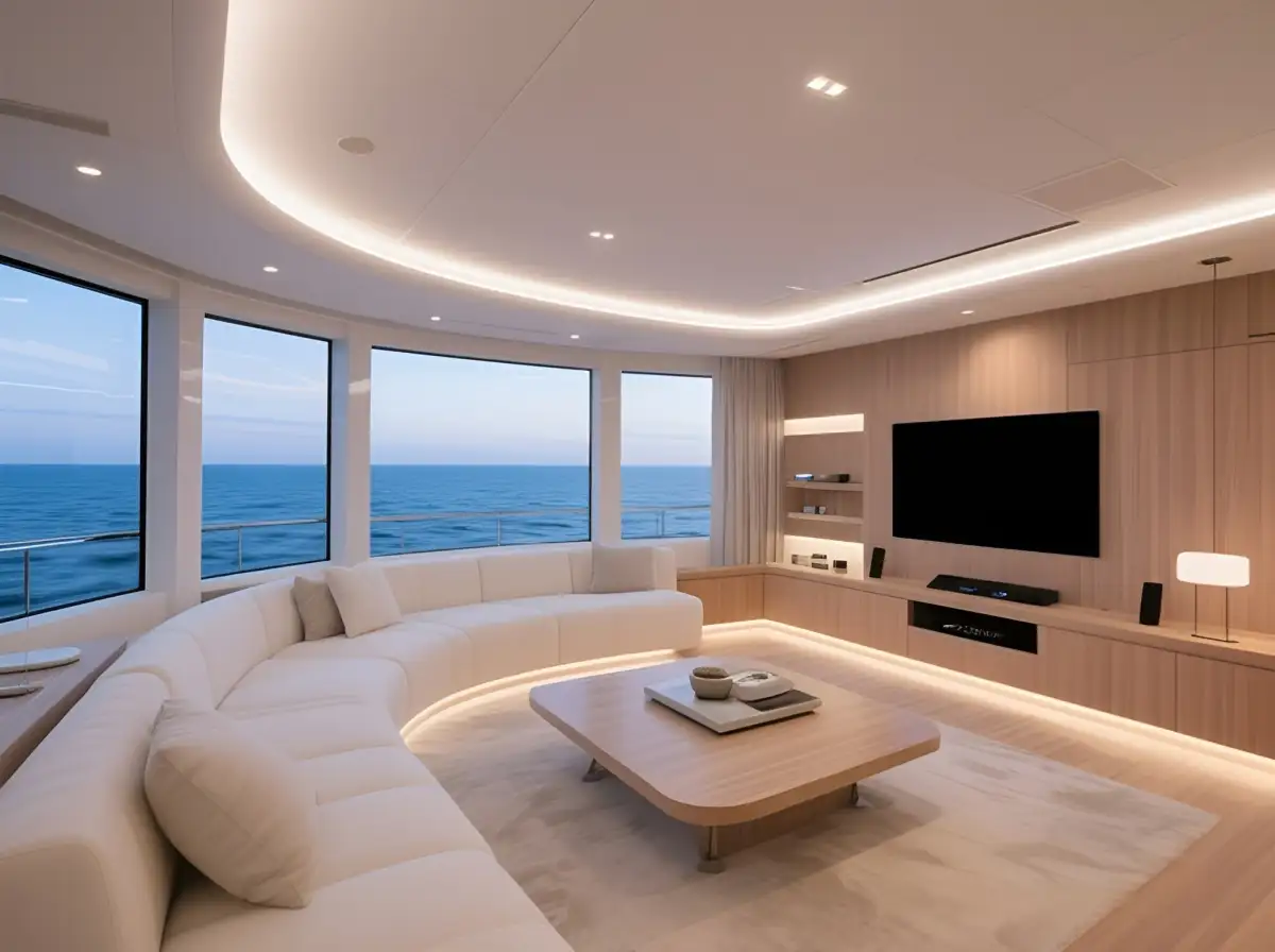 Launchpad yacht's luxurious interior lounge featuring panoramic ocean views, custom furniture, and Meta's minimalist design aesthetic