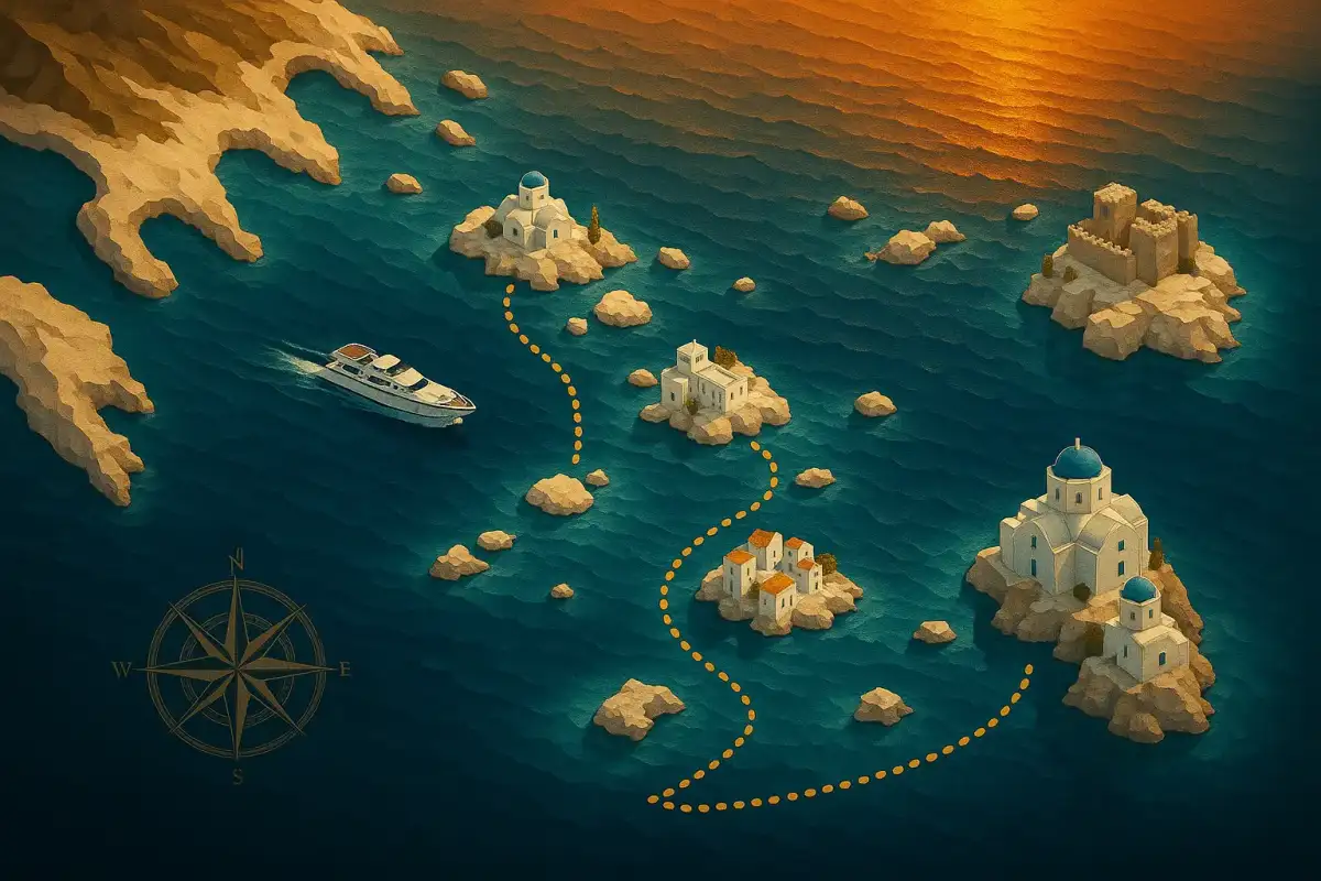 aerial map view of Greek islands island hopping route