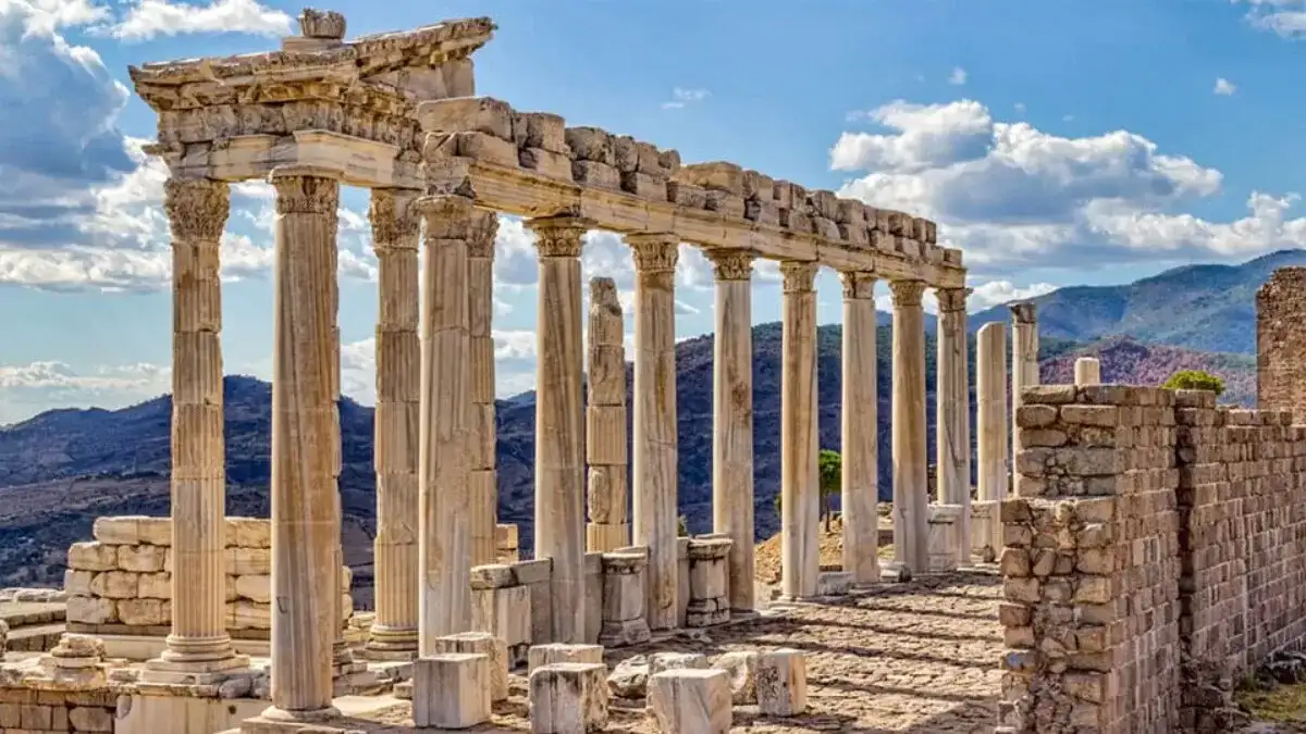 Ancient Asklepion archaeological site Kos with panoramic Aegean Sea views, historic attractions for UK cultural tourists