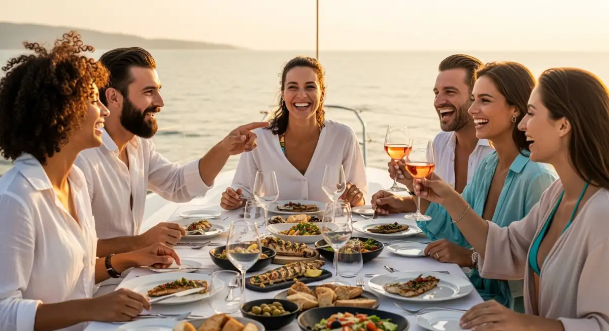 yacht charter health Mediterranean cuisine healthy dining luxury charter group Turkey coastal waters.