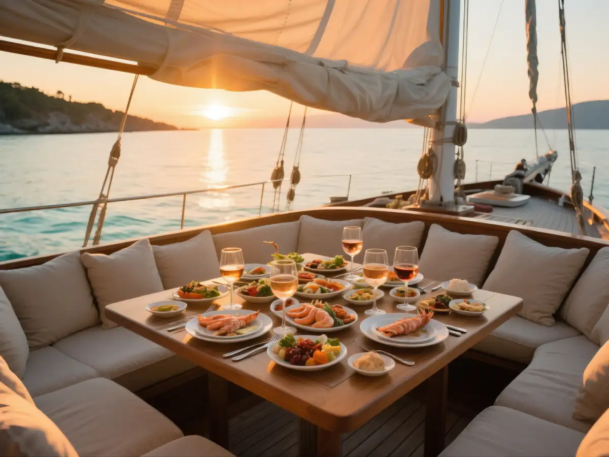 Sunset dining setup on a gulet deck featuring traditional Turkish Mediterranean cuisine and breathtaking coastal views