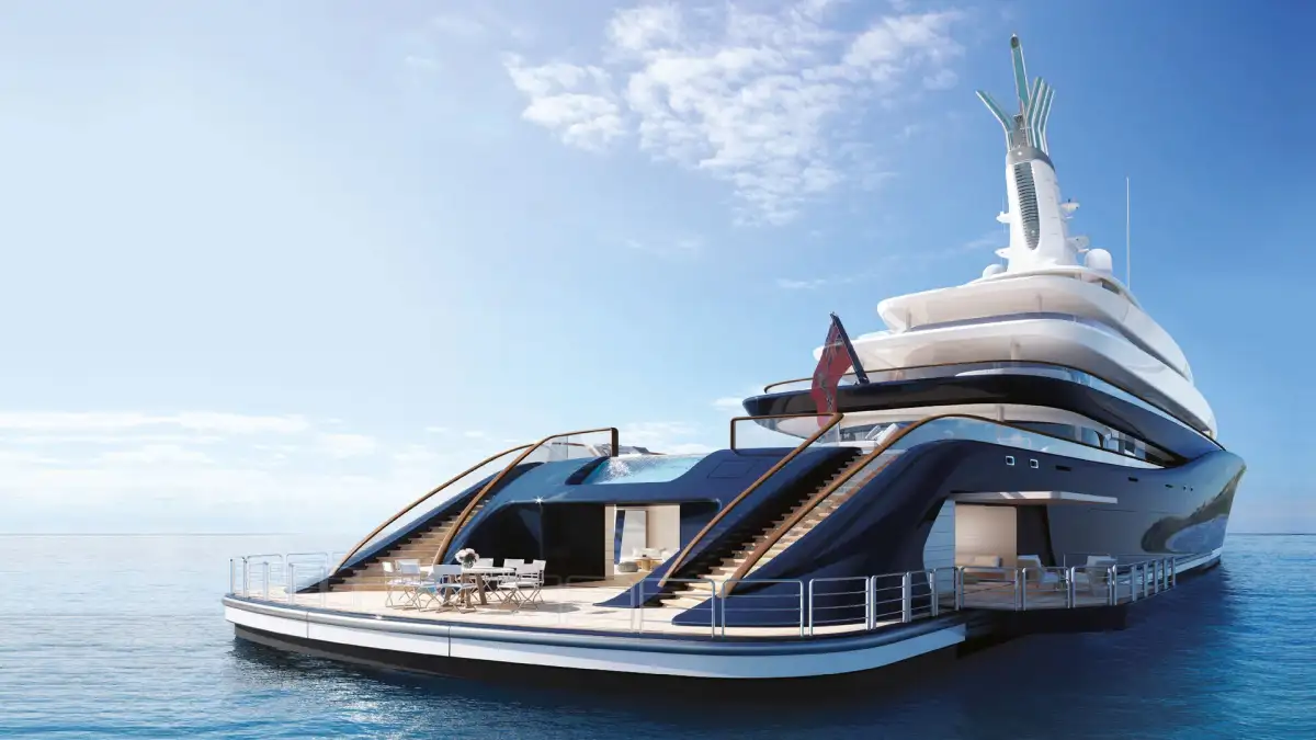 The revolutionary 'Breakthrough' yacht (formerly Project 821) at the Feadship shipyard in the Netherlands, representing the world's first hydrogen-powered superyacht with its distinctive black hull design