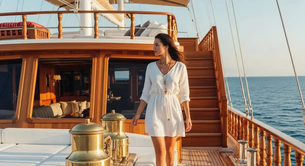 Attractive traveler exploring traditional Turkish gulet boat luxury amenities