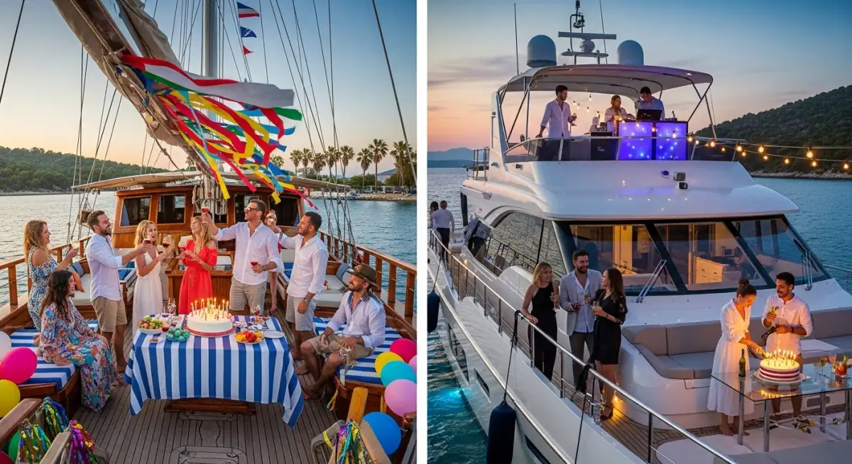 Guests enjoying different yacht types - traditional gulet and modern motor yacht for birthday celebrations