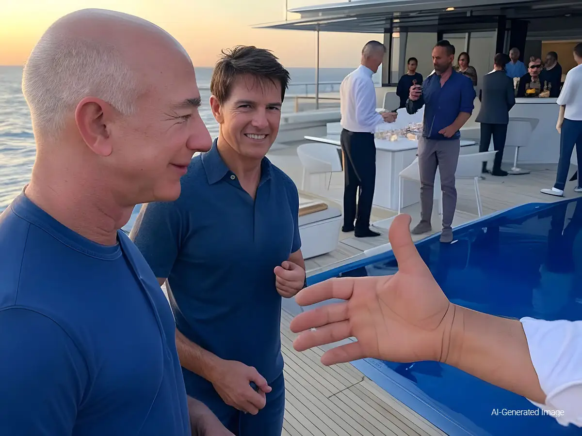 Jeff Bezos in conversation with Tom Cruise during a celebrity visit aboard Koru yacht