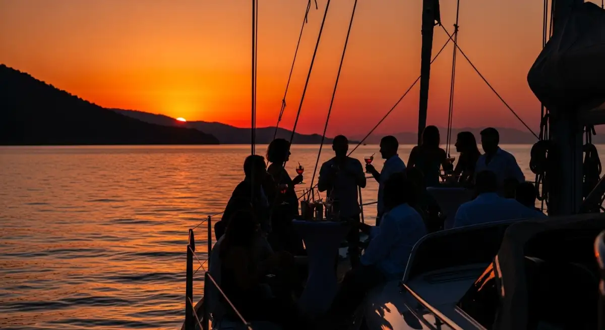 Stunning sunset cocktail party on yacht charter with Gocek Turkey mountains as backdrop