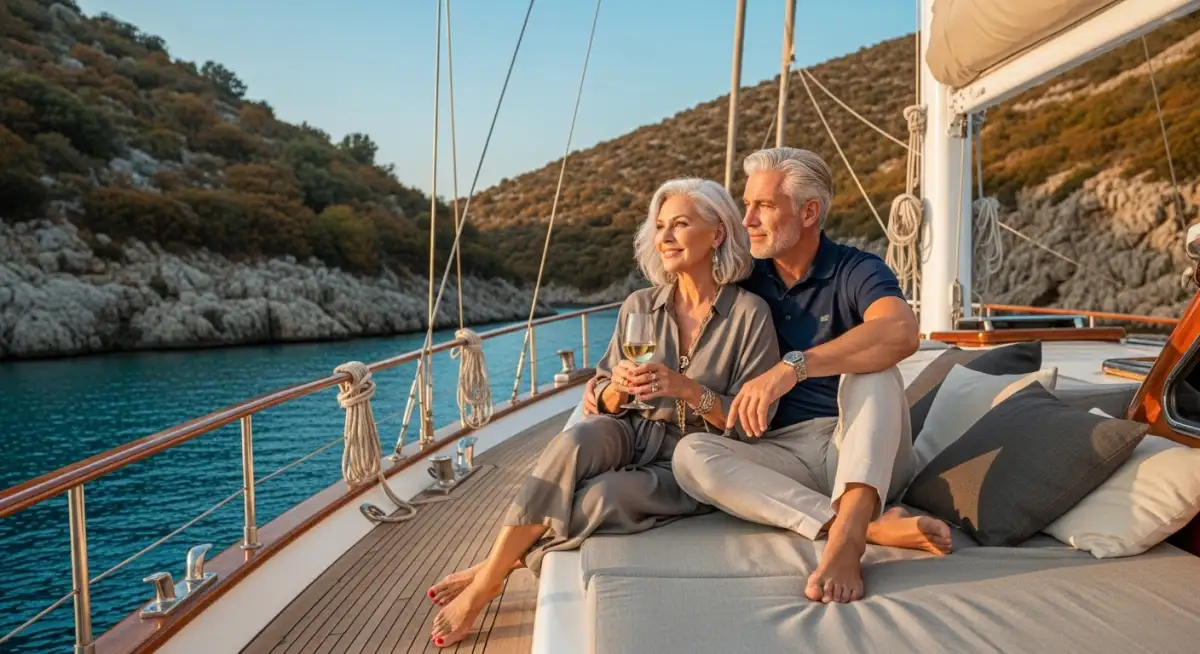 Elegant couple enjoying peaceful gulet cruise during shoulder season in Turkey