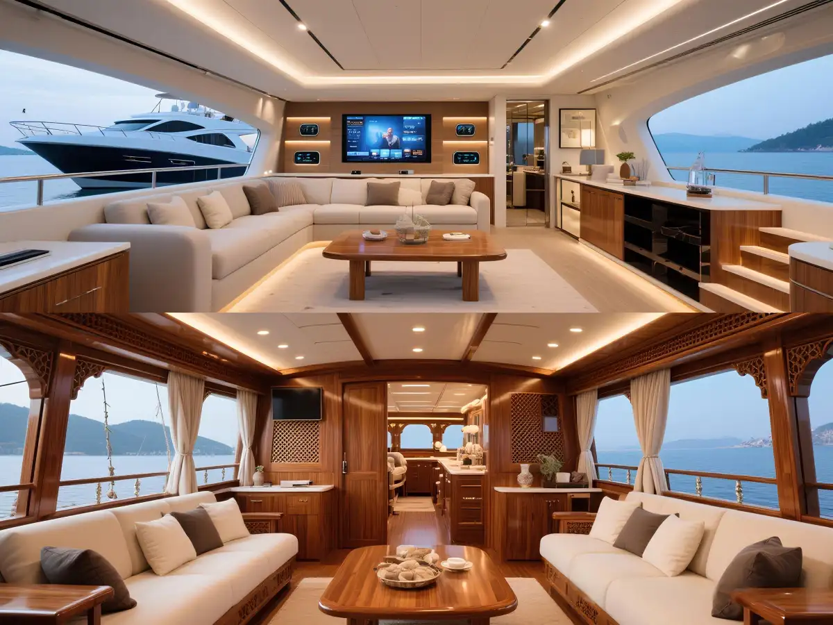 Interior comparison: Luxury amenities aboard a motor yacht with modern design (top) and traditional comfortable living space in a gulet charter (bottom)