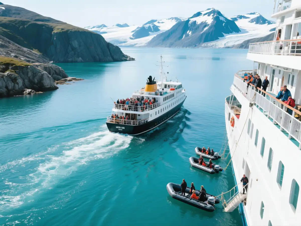 A small expedition cruise ship navigating turquoise waters with zodiacs ready for shore excursions - the essence of adventure cruising