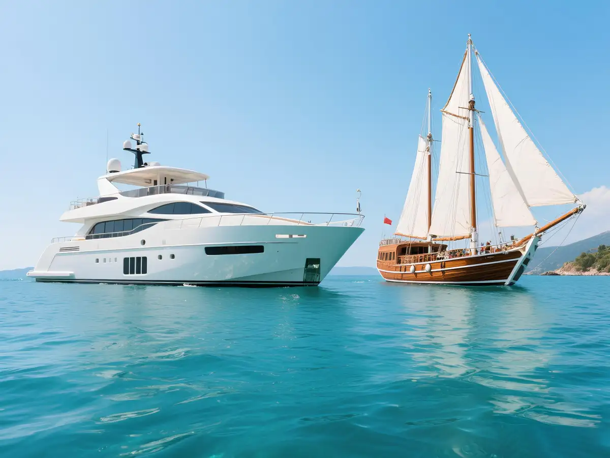 Luxury motor yacht (left) and traditional wooden gulet (right) showcasing the fundamental difference between yacht vs gulet designs in Mediterranean waters