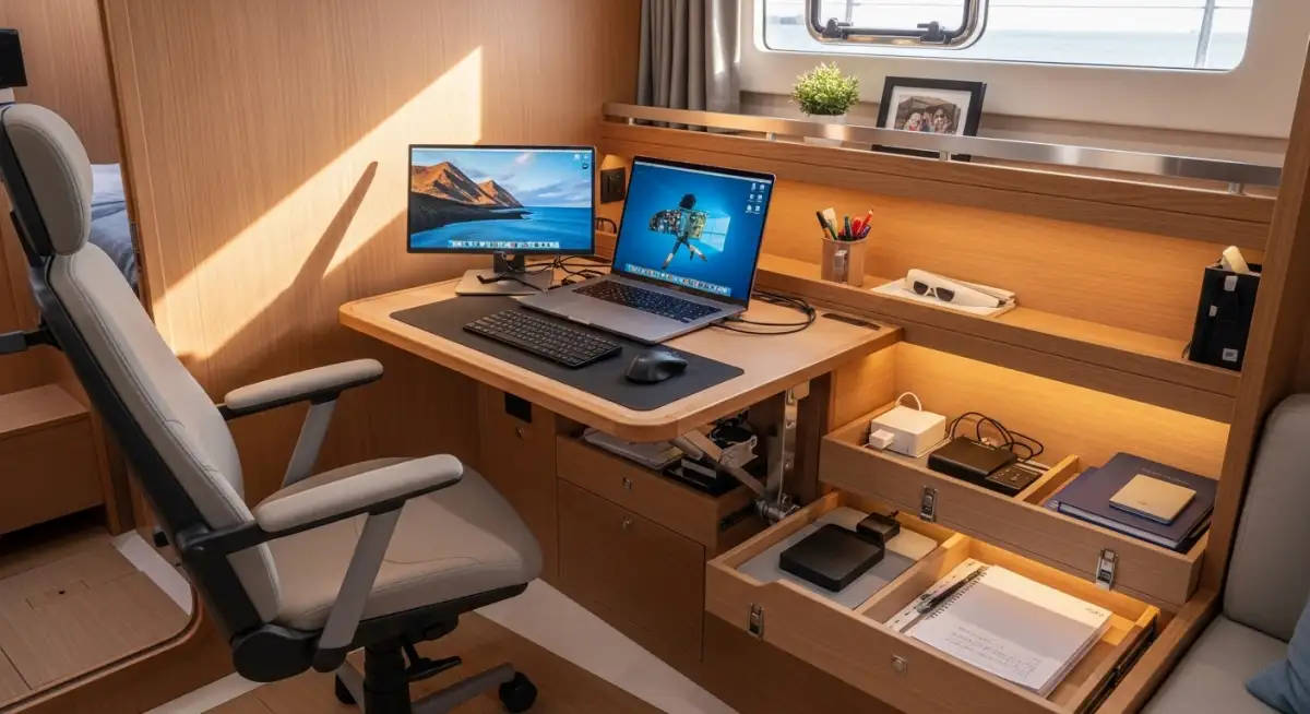 Digital nomad working at ergonomic boat office setup - comfortable sailboat workspace in Turkey
