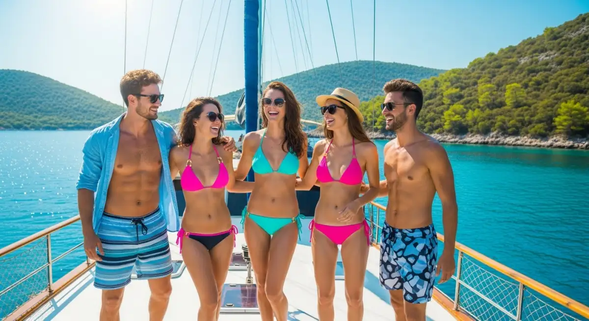 Peak summer season with attractive tourists enjoying gulet charter in Turkey