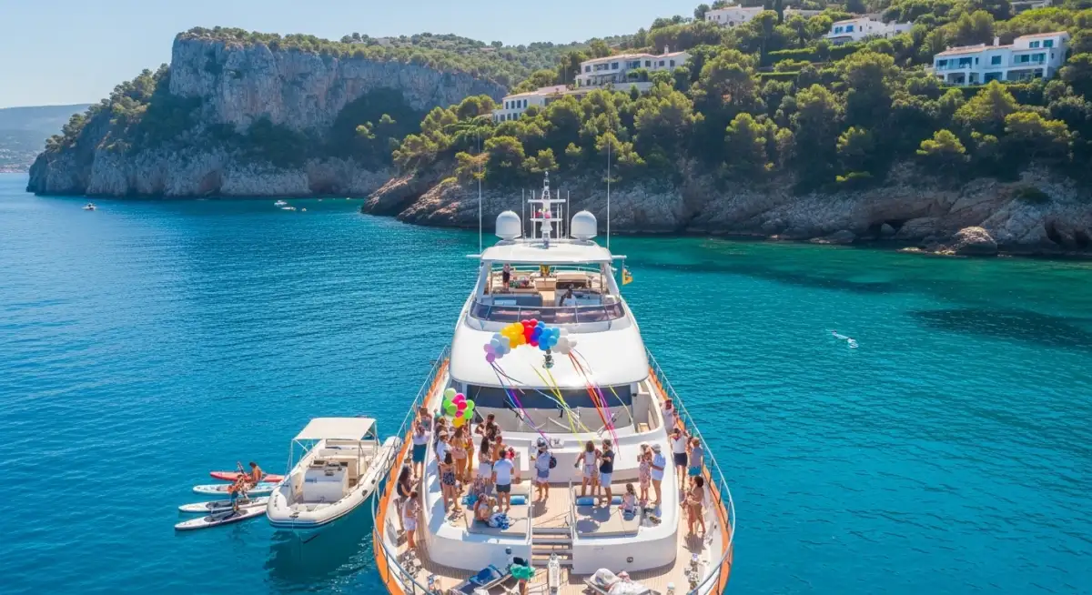 Aerial view of guests enjoying private yacht birthday party in exclusive Mediterranean bay