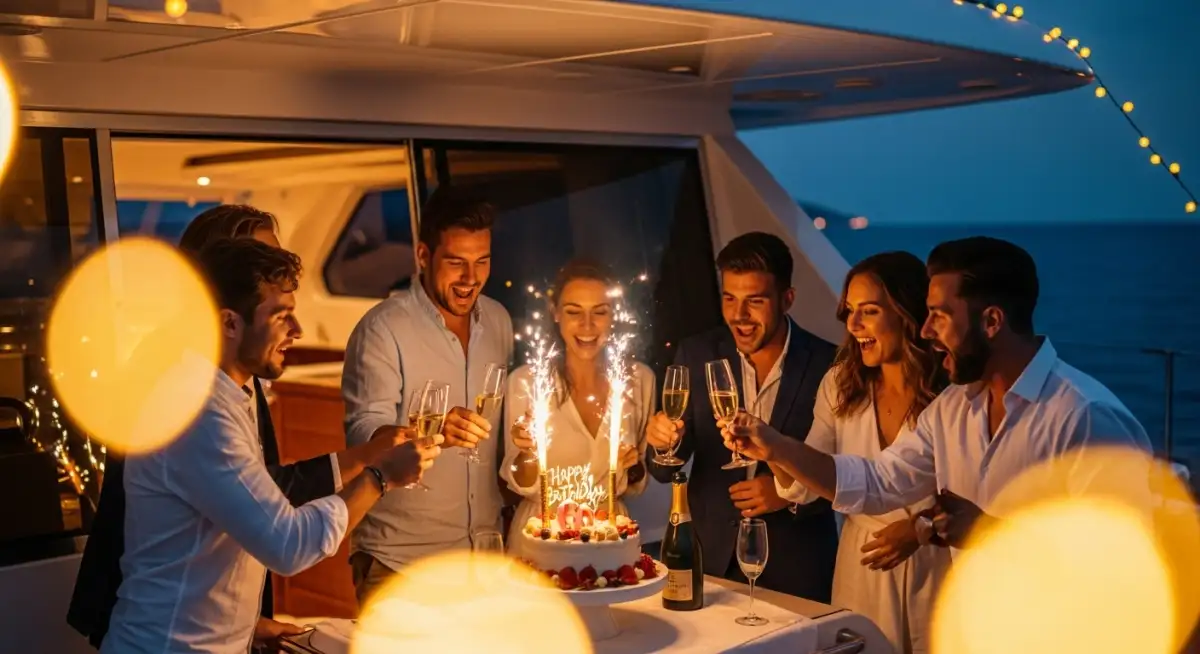 Intimate yacht birthday party celebration with cake and champagne at sunset in Turkish waters