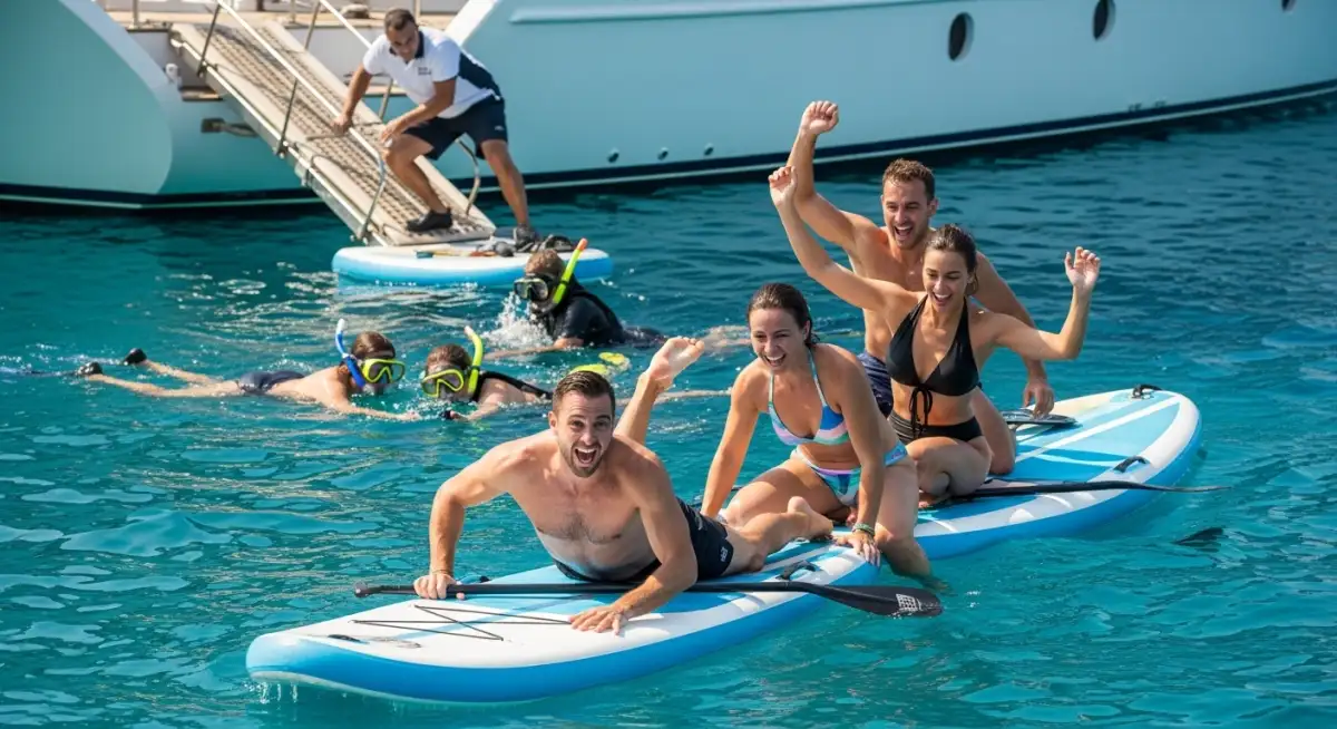 Corporate team building through authentic water activities including paddleboarding and snorkeling on Mediterranean yacht charter