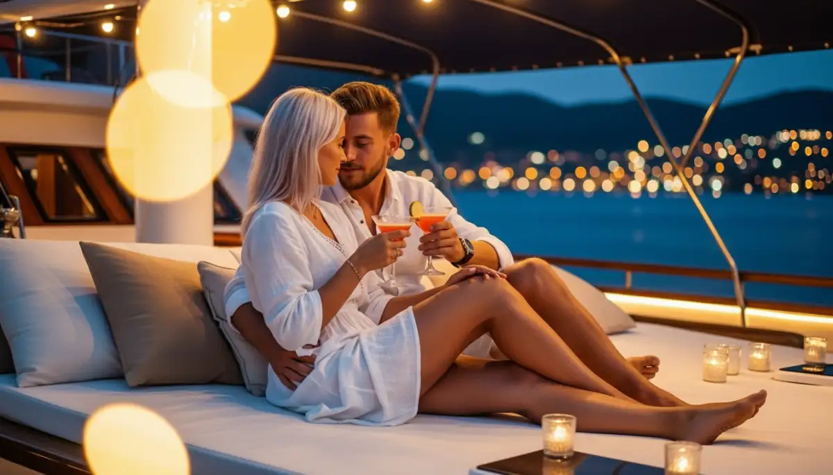 Romantic couple enjoying evening cocktails on luxury gulet deck with ambient lighting during Turkish yacht charter