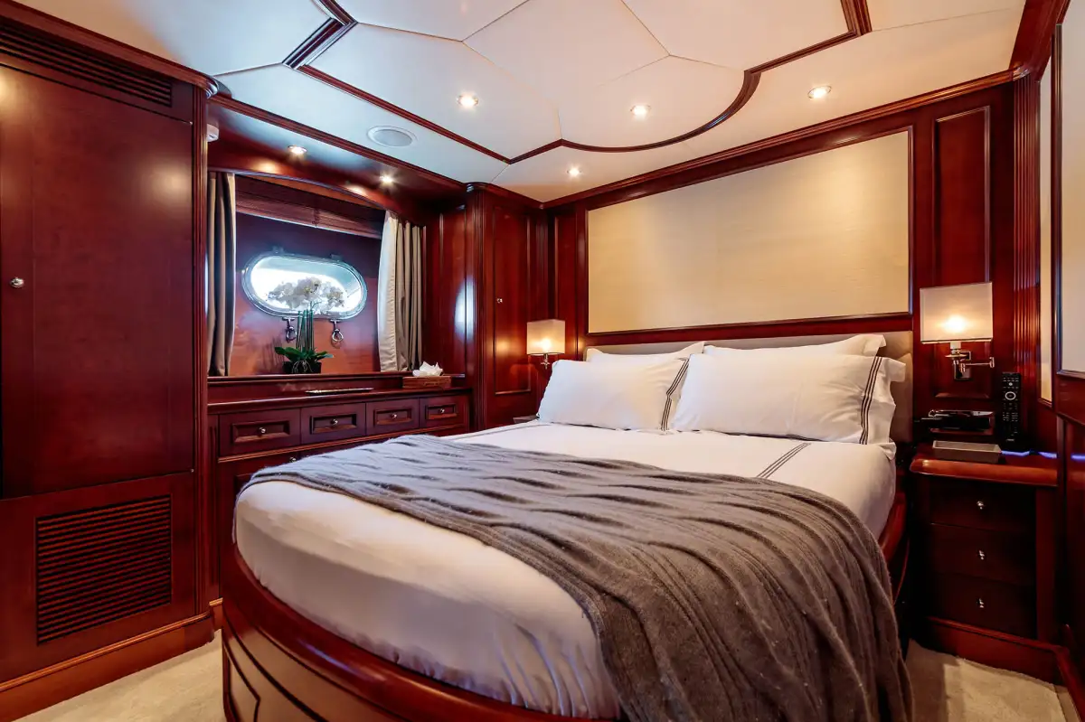 Private master cabin interior on a romantic gulet charter for honeymoon couples