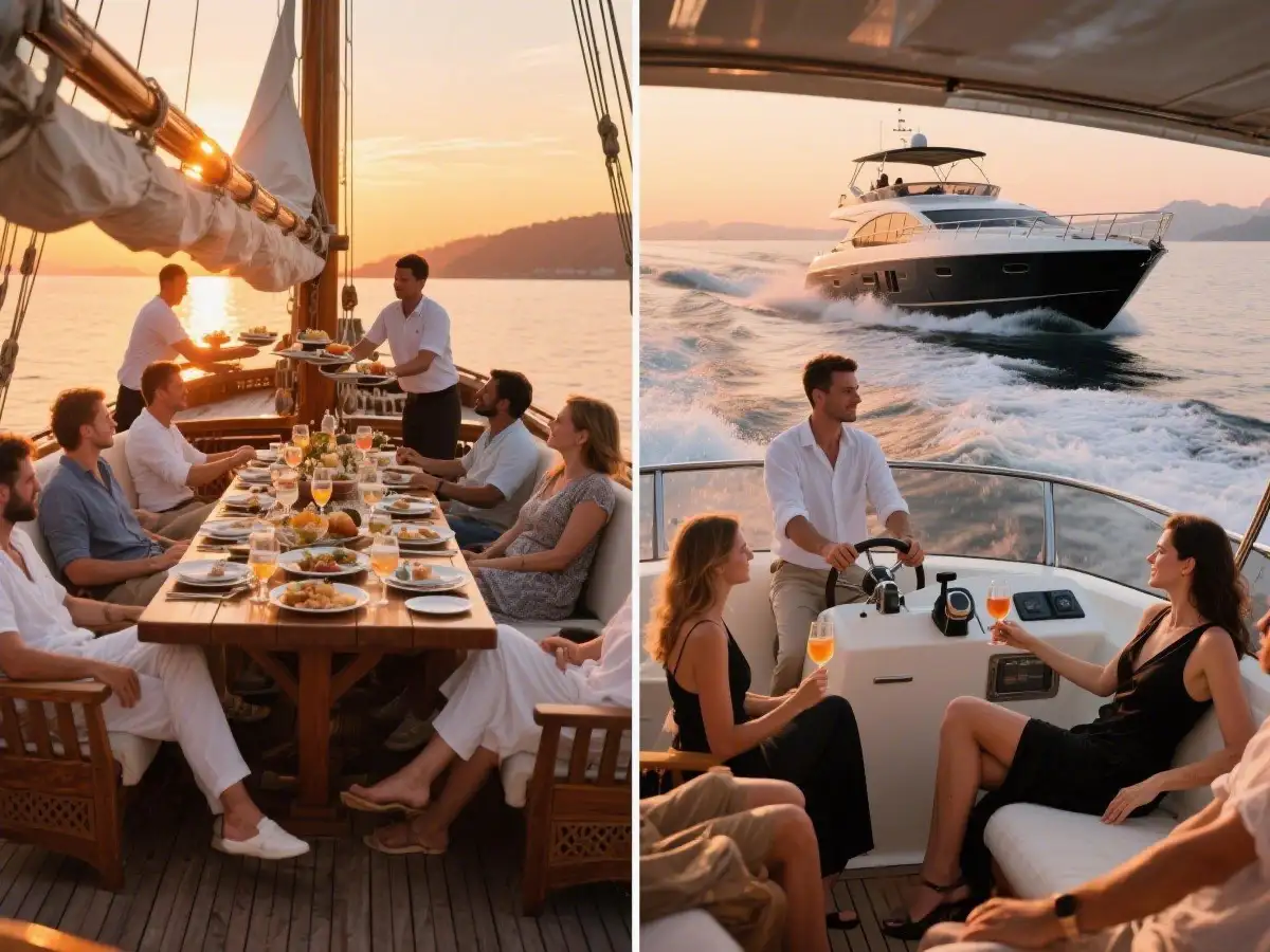 Sailing experience on a gulet cruise with its traditional wooden design (left) versus the speed and luxury of motor yacht charter experience (right) - helping travelers choose the right vessel for their Mediterranean adventure