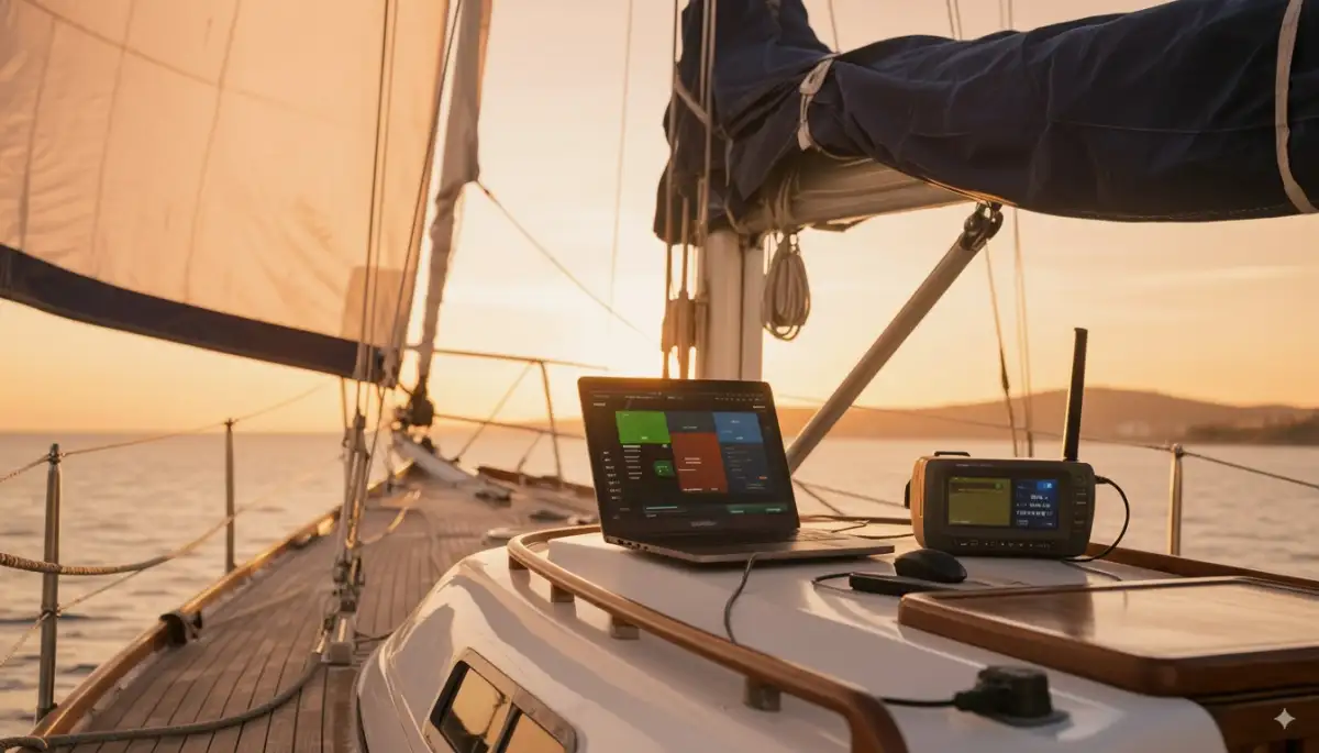Digital nomad on video call from sailboat in Turkish marina - reliable internet connectivity for remote work