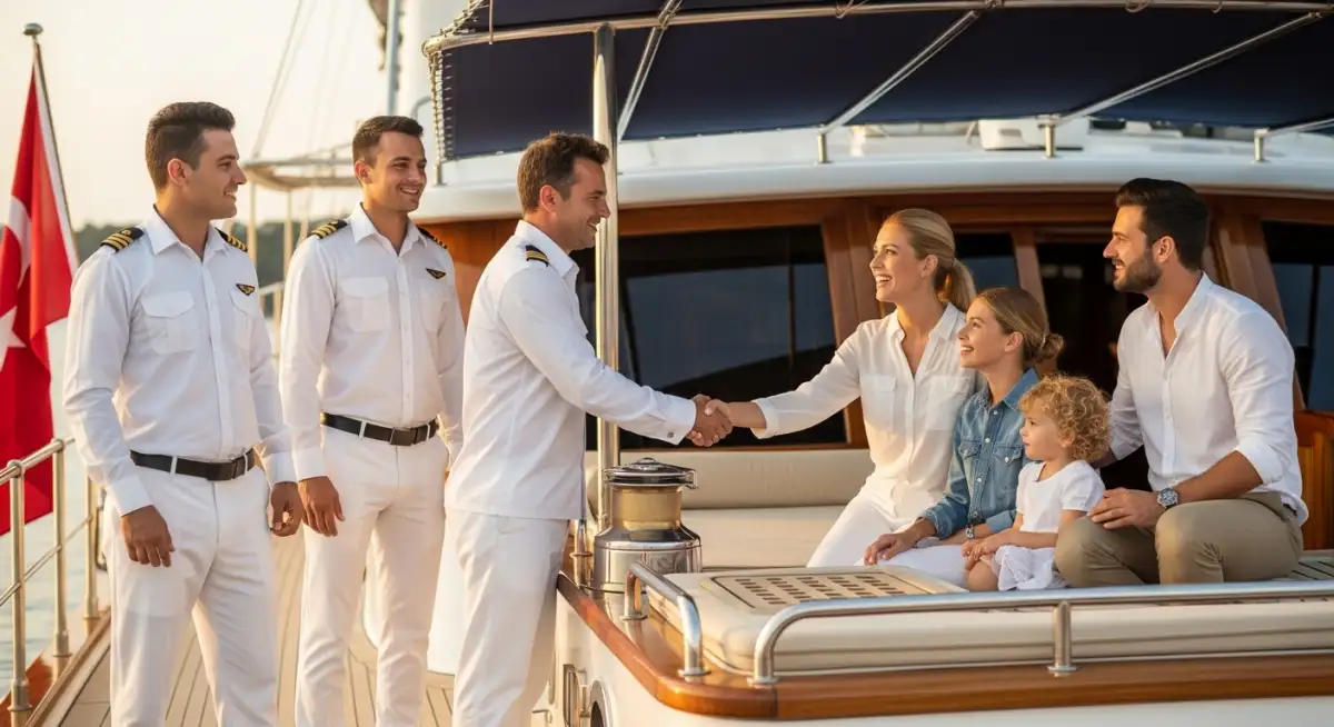 Professional crew welcoming guests - DE Yachting crewed gulet charter Turkey hospitality