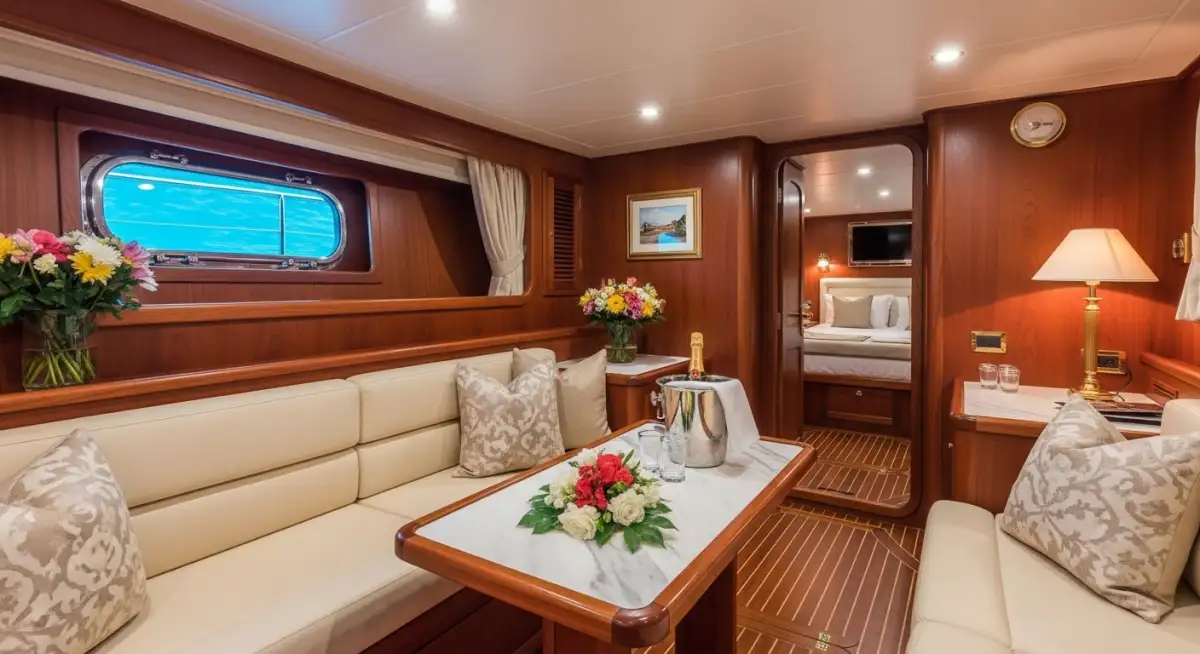 gulet charter costs Turkey - Premium interior cabin showing value of crewed yacht charter